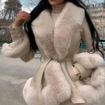 LUXURY LEATHER COAT WITH FUR BEIGE